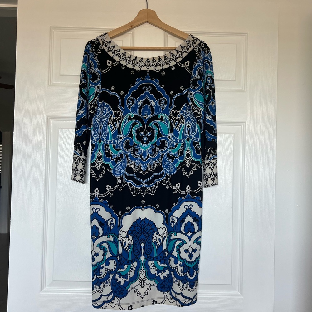 Muse Sz 6 Colorful Slinky Knit Shift Sheath Dress Paisley Print V Back